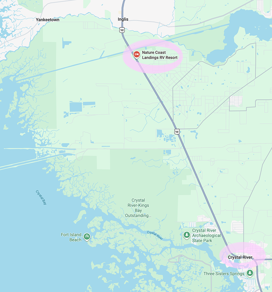 Regional area map showing Nature Coast Landings RV Resort, Crystal River, Fort Island Beach, canals, springs, and preserve areas