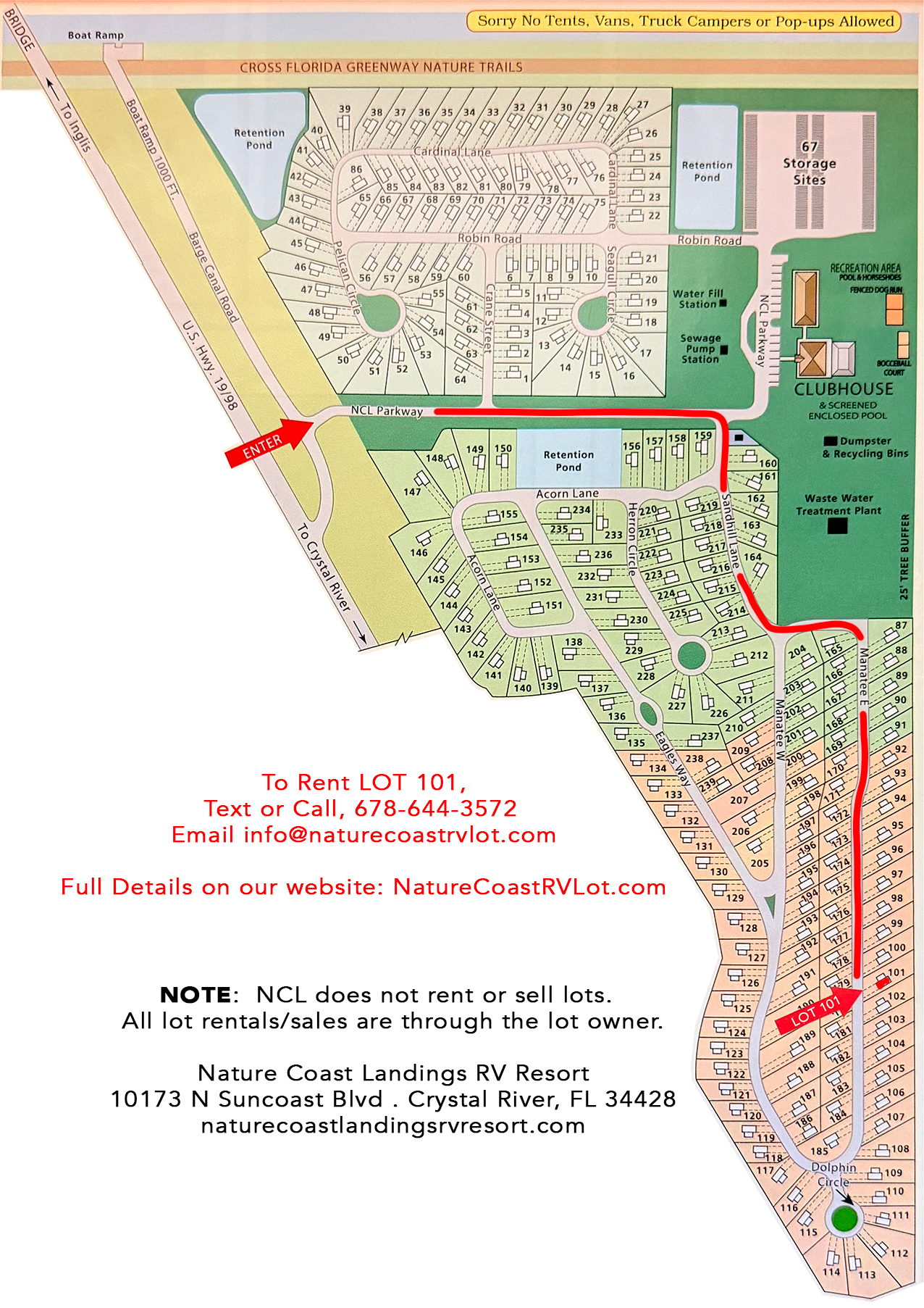 Nature Coast Landings RV Resort map showing Lot 101 location and route from entrance